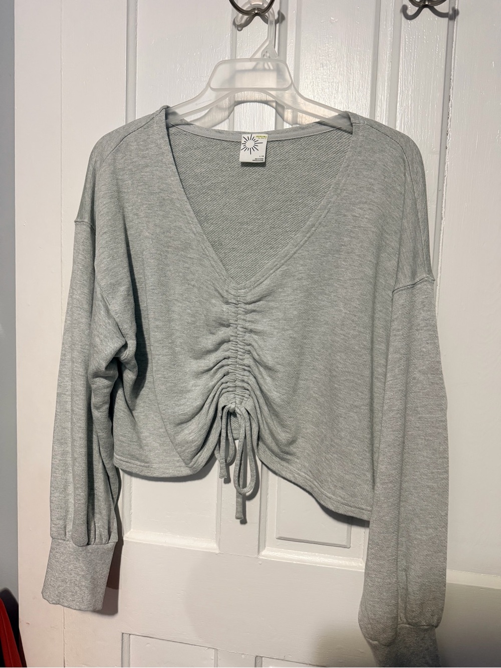 aerie Light Grey Ruched Drawstring V-Neck Long Sleeve Top